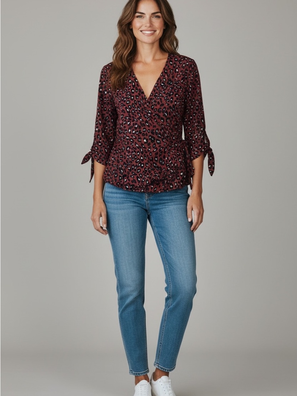 West Kei Burgundy Leopard Tie-Sleeve Blouse